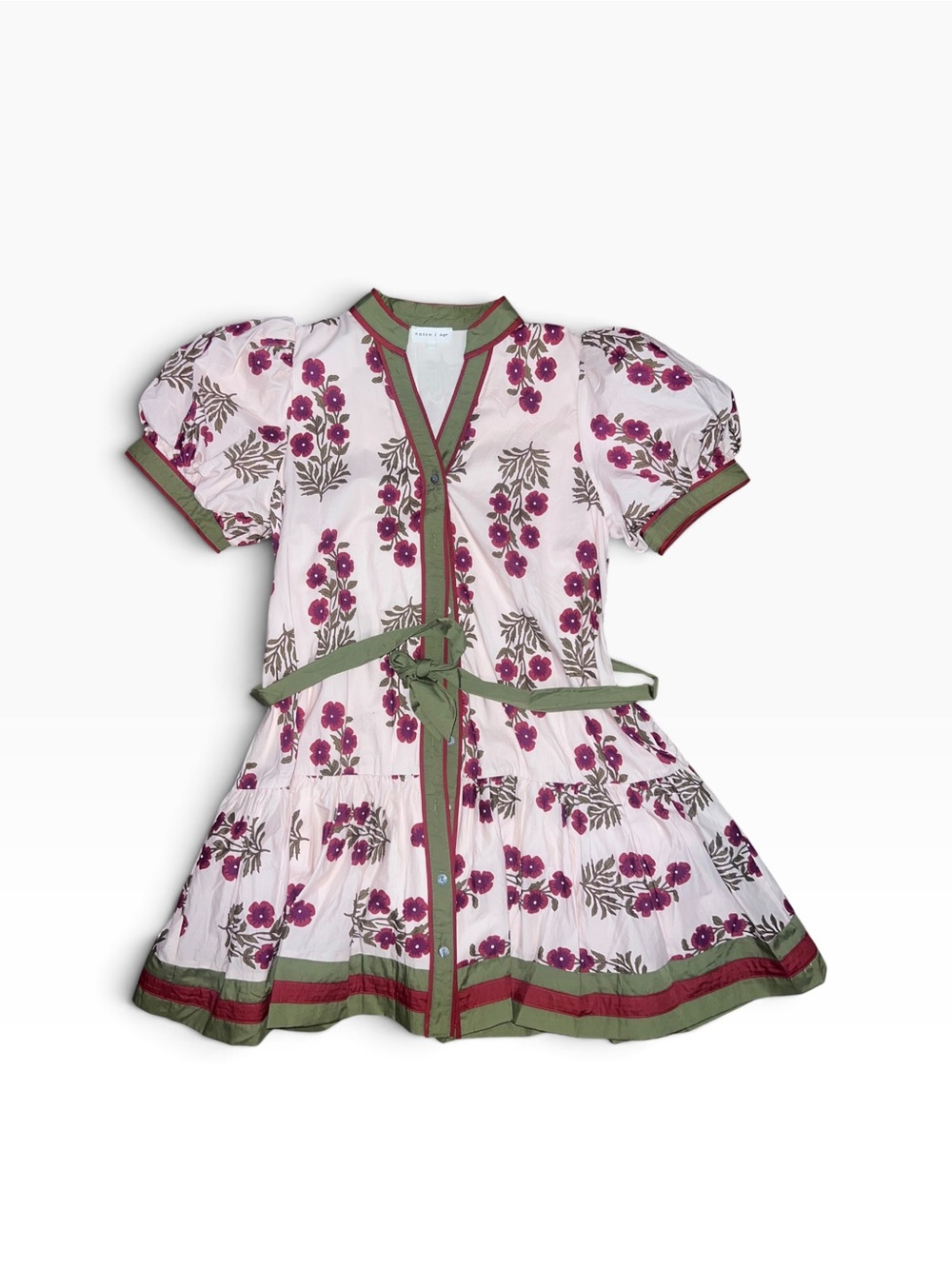 ENTRO Floral Puff-Sleeve Dress with Green Trim - red